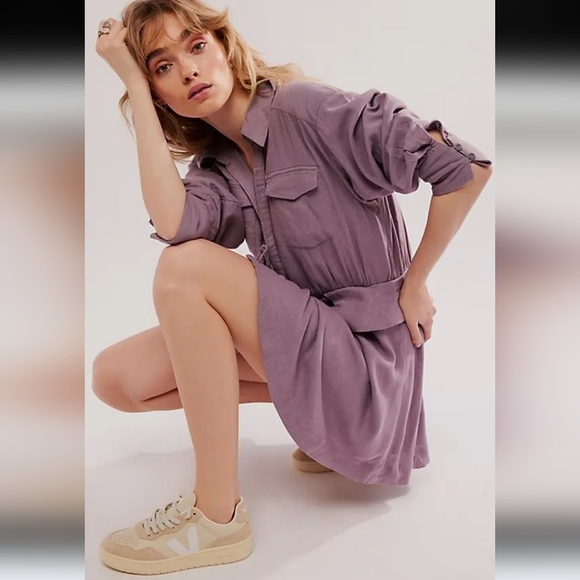 Free People Maxwell Linen Blend Mini Dress in Quail Size Medium NWOT $148 - Picture 5 of 12